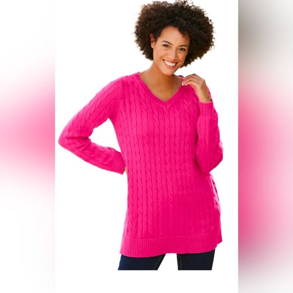 NWT AVA & VIV Women's Pink cable knit v neck fisherman Sweater Plus size 2X cozy - Picture 1 of 10